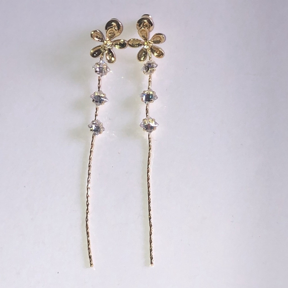 Gold Tone CZ Rhinestone Flower Dangling Pierced Earrings - Picture 3 of 6